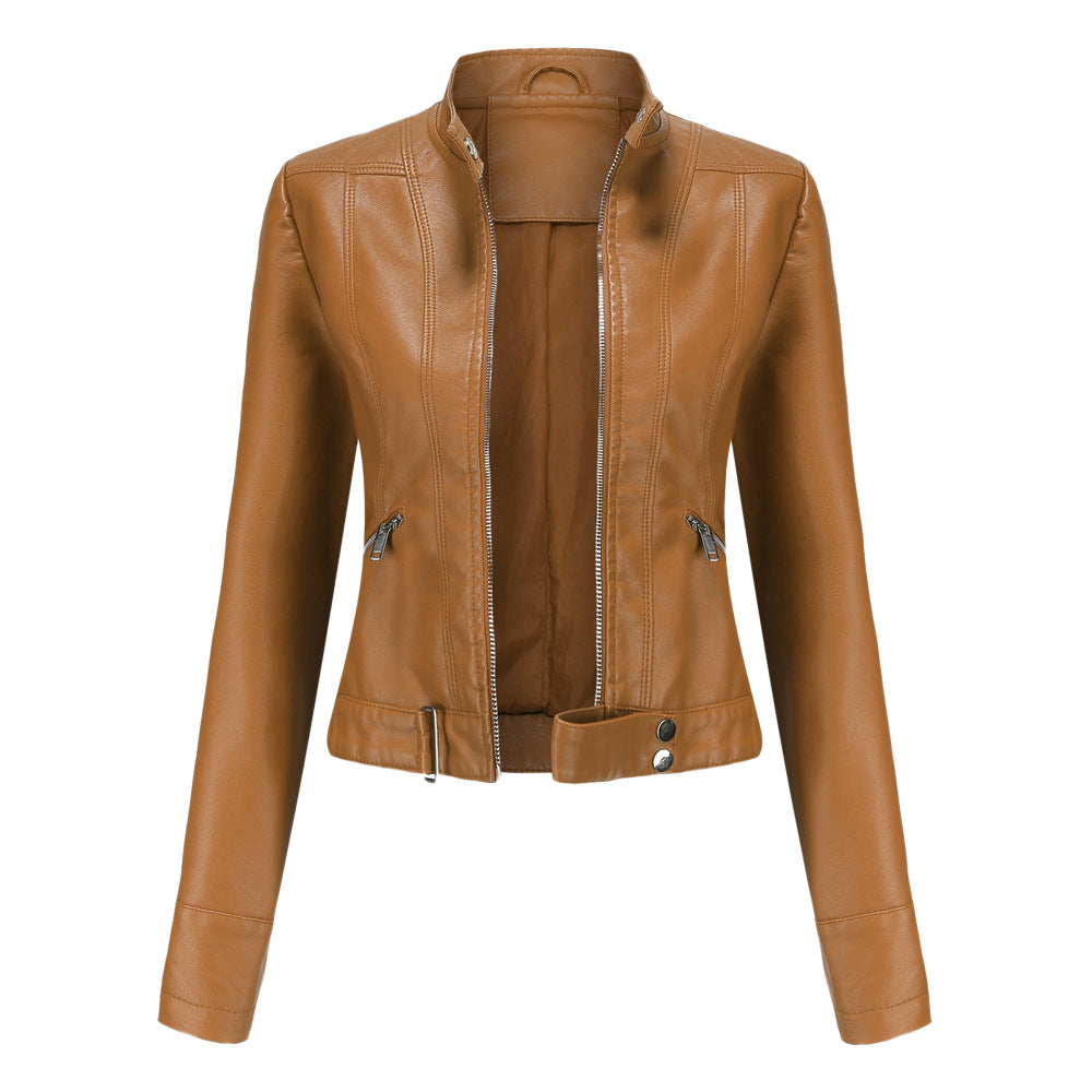 Women's PU leather jacket with zipper, high collar and belt