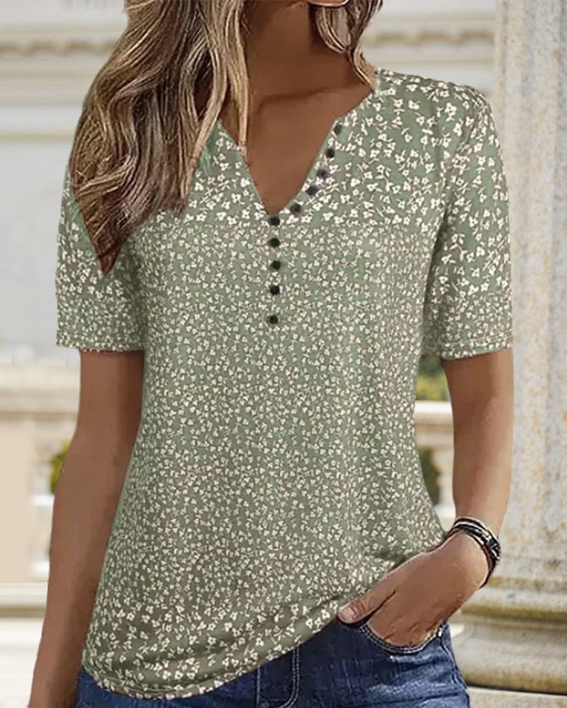 Naomi Women's Summer Top - T-shirt with Floral Print, Short Sleeve and Elastic, Comfortable Fit