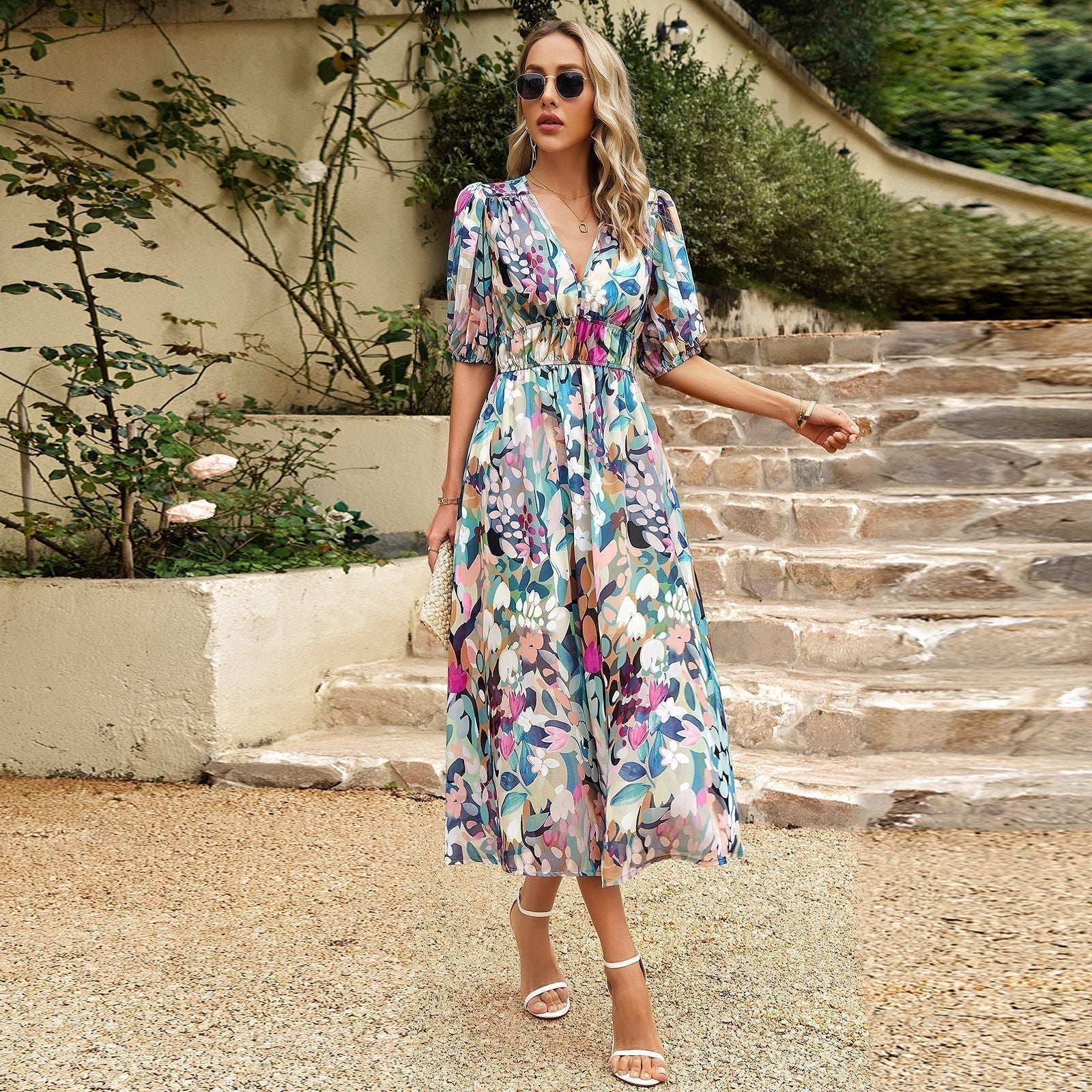 Fenna Women's Boho Dress - Elegant Long Floral Dress with Flowy Cut