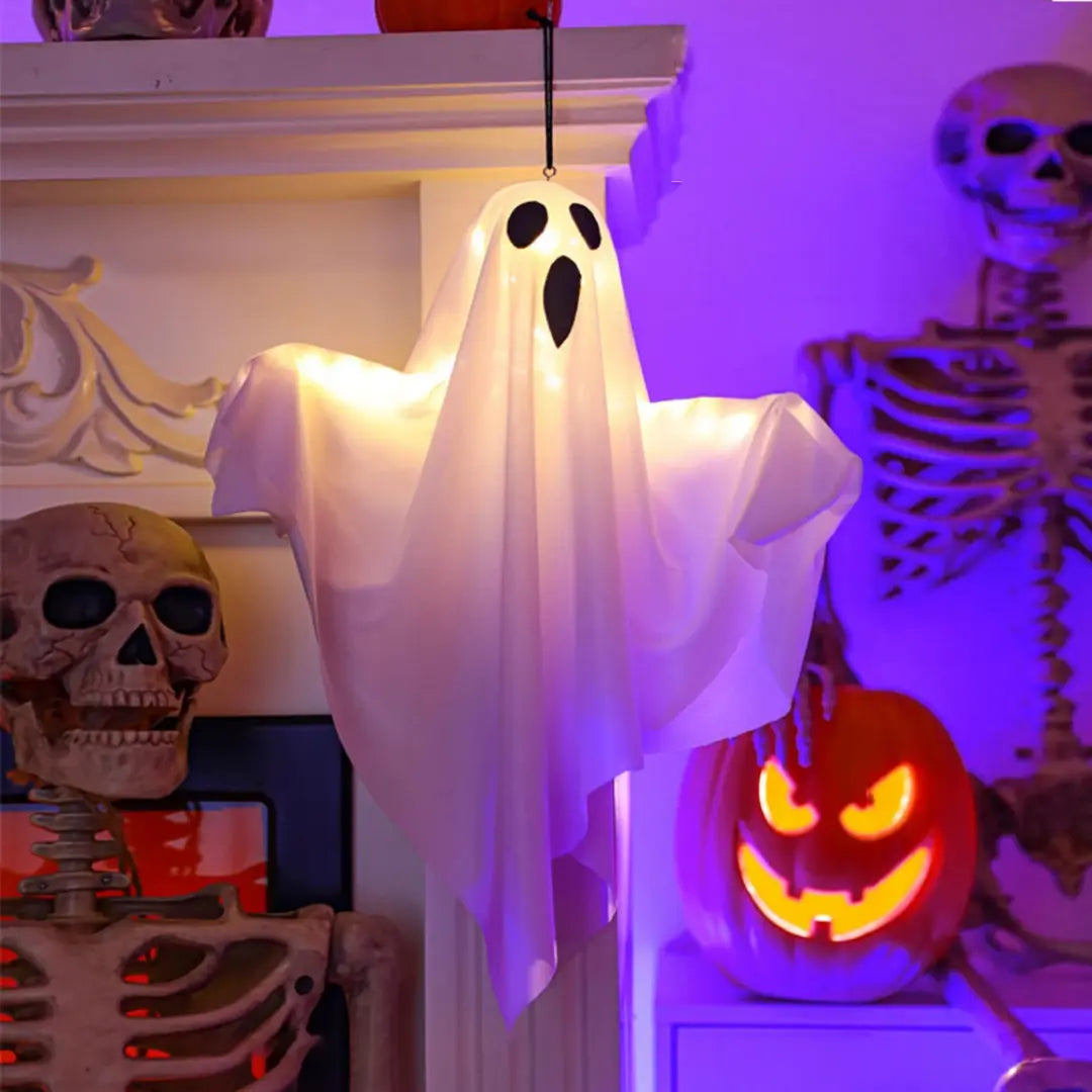 Fantasma Bianco Luminoso di Halloween - Decorazione Appesa a LED con Luci Fatate