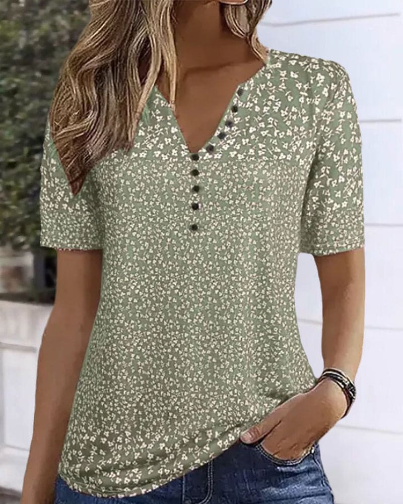 Naomi Women's Summer Top - T-shirt with Floral Print, Short Sleeve and Elastic, Comfortable Fit