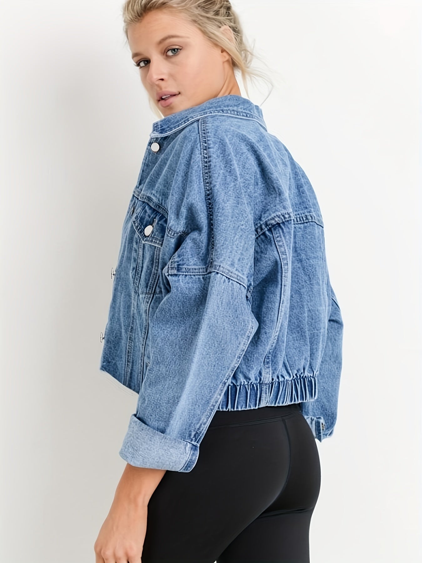 Blue denim jacket with lapel collar