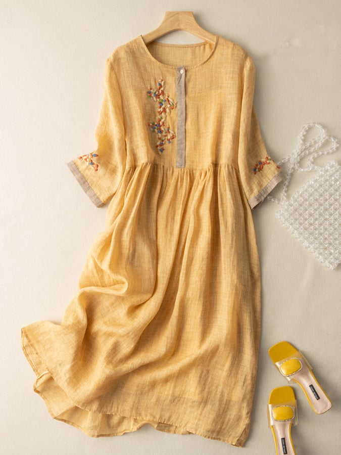 Zara Women's Dress - Embroidered Cotton and Linen Dress with Ethnic Design and Comfortable Cut