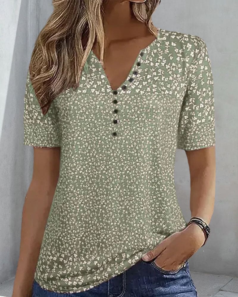 Naomi Women's Summer Top - T-shirt with Floral Print, Short Sleeve and Elastic, Comfortable Fit