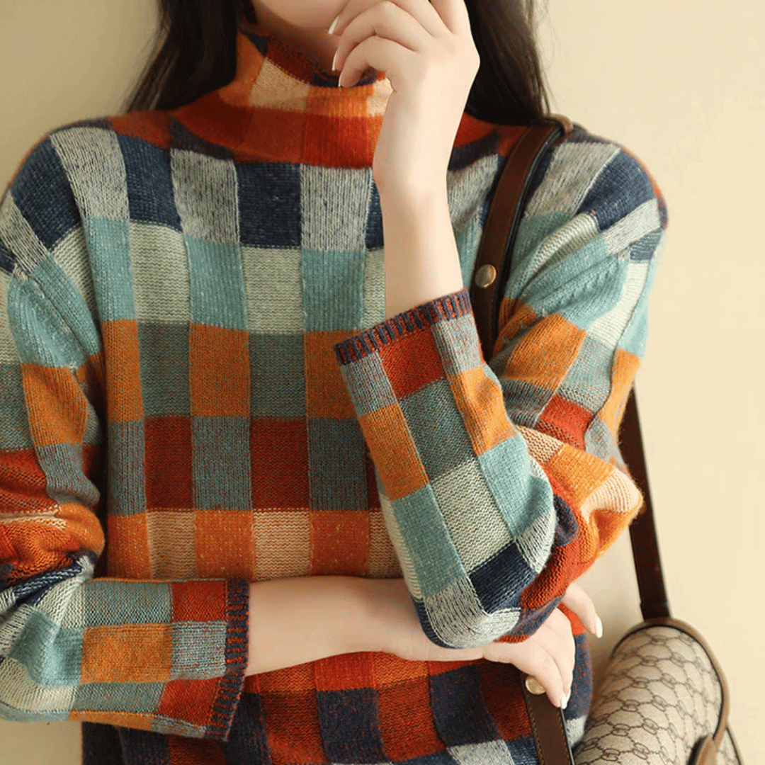 Suéter de cuello alto de cachemira suave | Diseño de patchwork elegante
