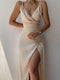 Midi dress with V-neckline and thigh-high slit
