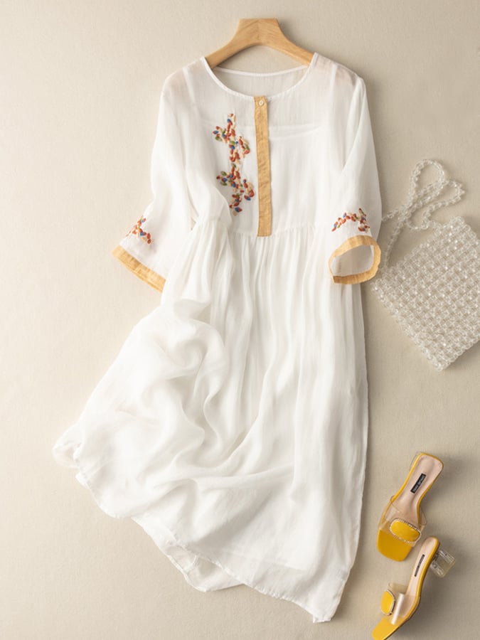 Zara Women's Dress - Embroidered Cotton and Linen Dress with Ethnic Design and Comfortable Cut