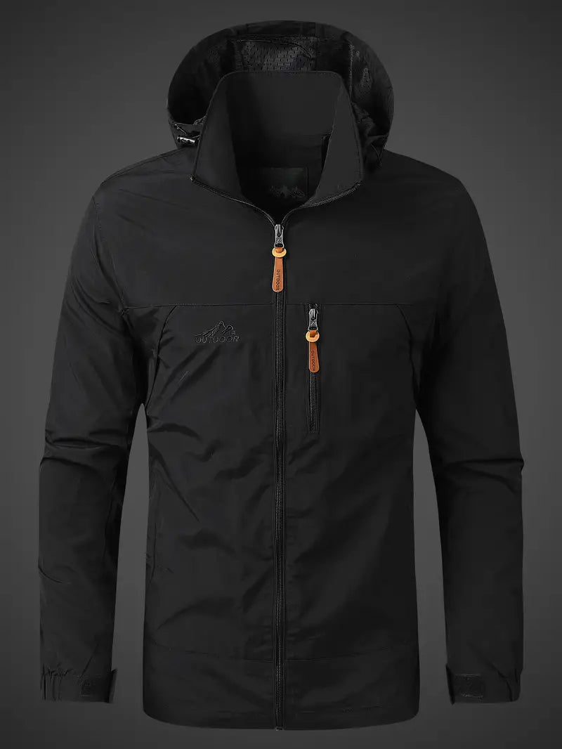 Waterproof men's rain jacket with hood and zipped pockets for outdoor use