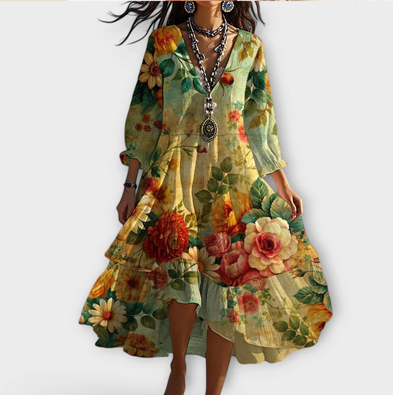 Greta - Vintage Boho Floral V-Neck Dress