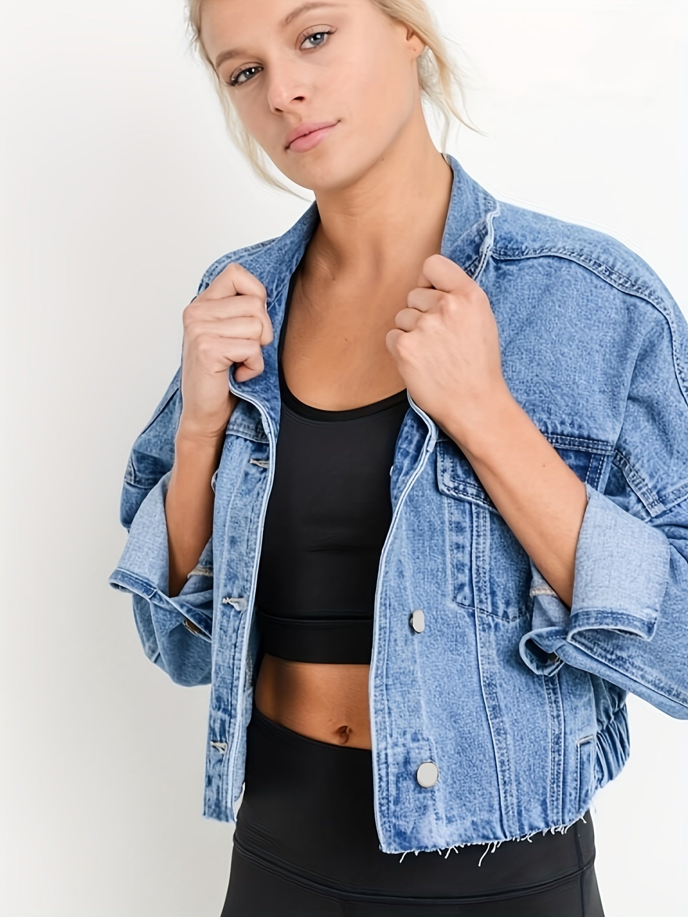 Blue denim jacket with lapel collar