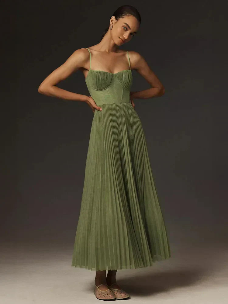 Juliana Women's Midi Dress - Elegant Tulle Dress with Crinkled Corset and A-Line Flared Skirt