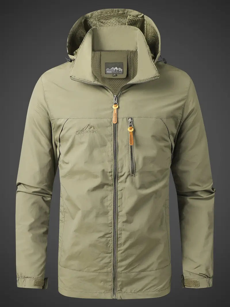 Waterproof men's rain jacket with hood and zipped pockets for outdoor use