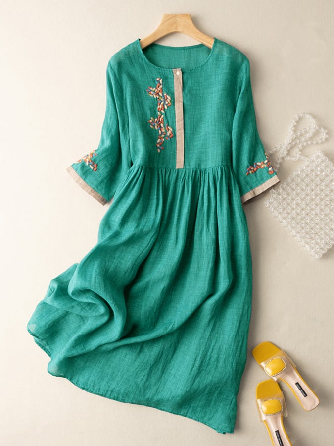 Zara Women's Dress - Embroidered Cotton and Linen Dress with Ethnic Design and Comfortable Cut