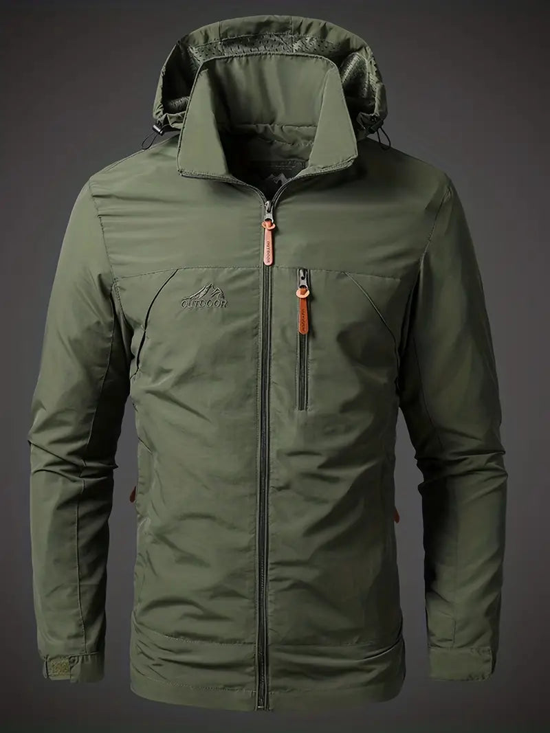 Waterproof men's rain jacket with hood and zipped pockets for outdoor use
