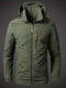 Waterproof men's rain jacket with hood and zipped pockets for outdoor use