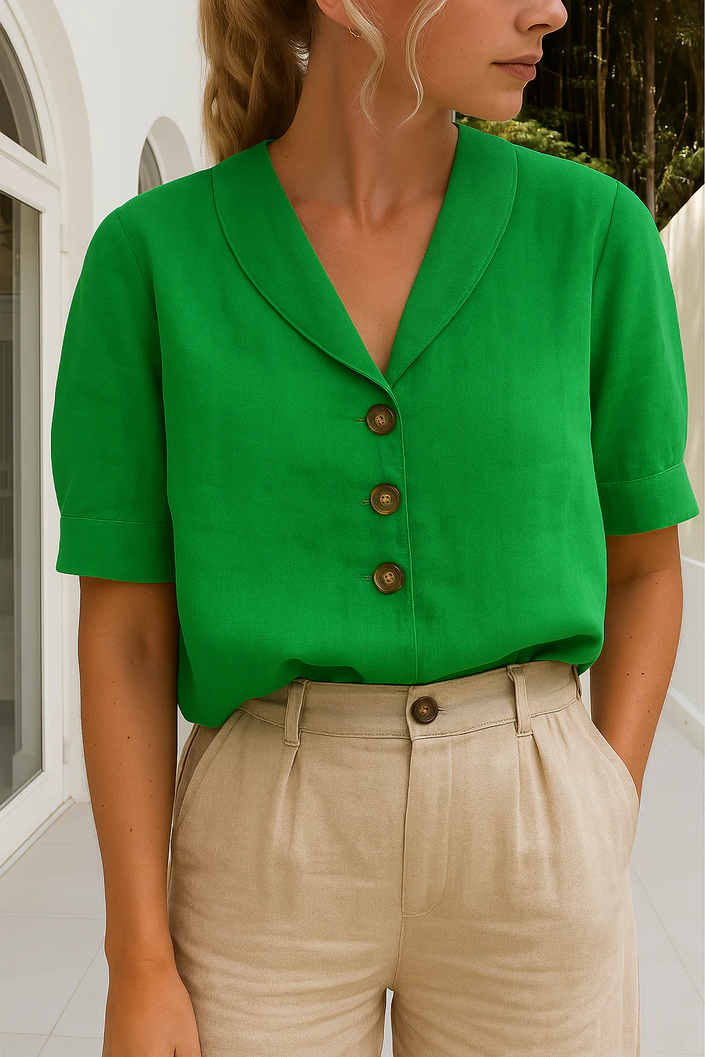 Lena - Women’s Blouse with Scarf Collar and Front Button Closure