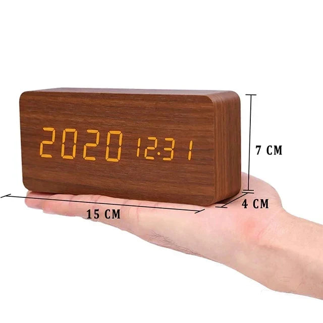 Digital alarm clock made of wood - LED display, voice control, adjustable brightness