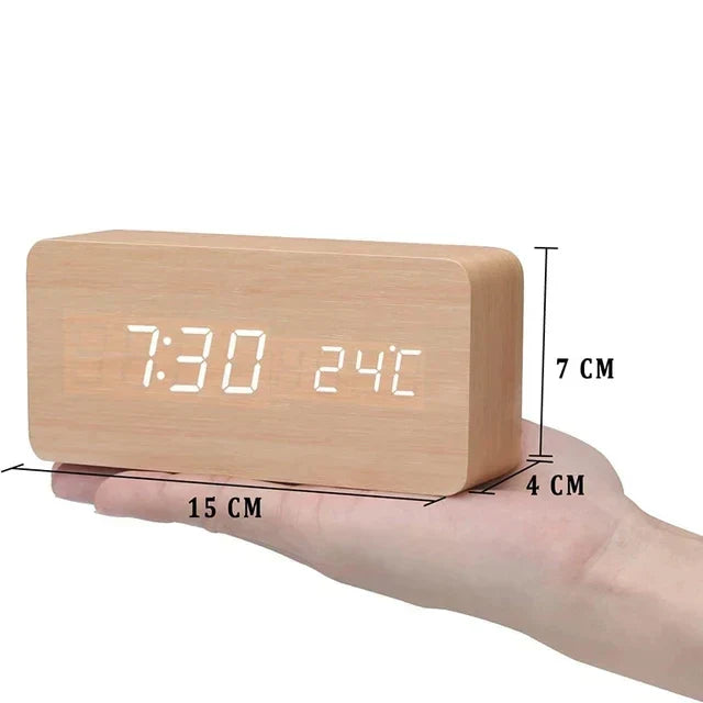 Digital alarm clock made of wood - LED display, voice control, adjustable brightness
