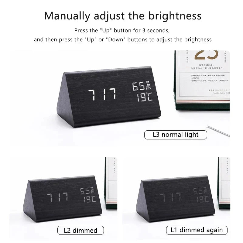 Digital alarm clock made of wood - LED display, voice control, adjustable brightness