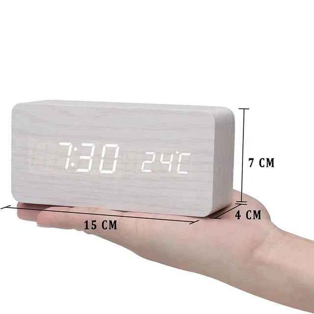 Digital alarm clock made of wood - LED display, voice control, adjustable brightness