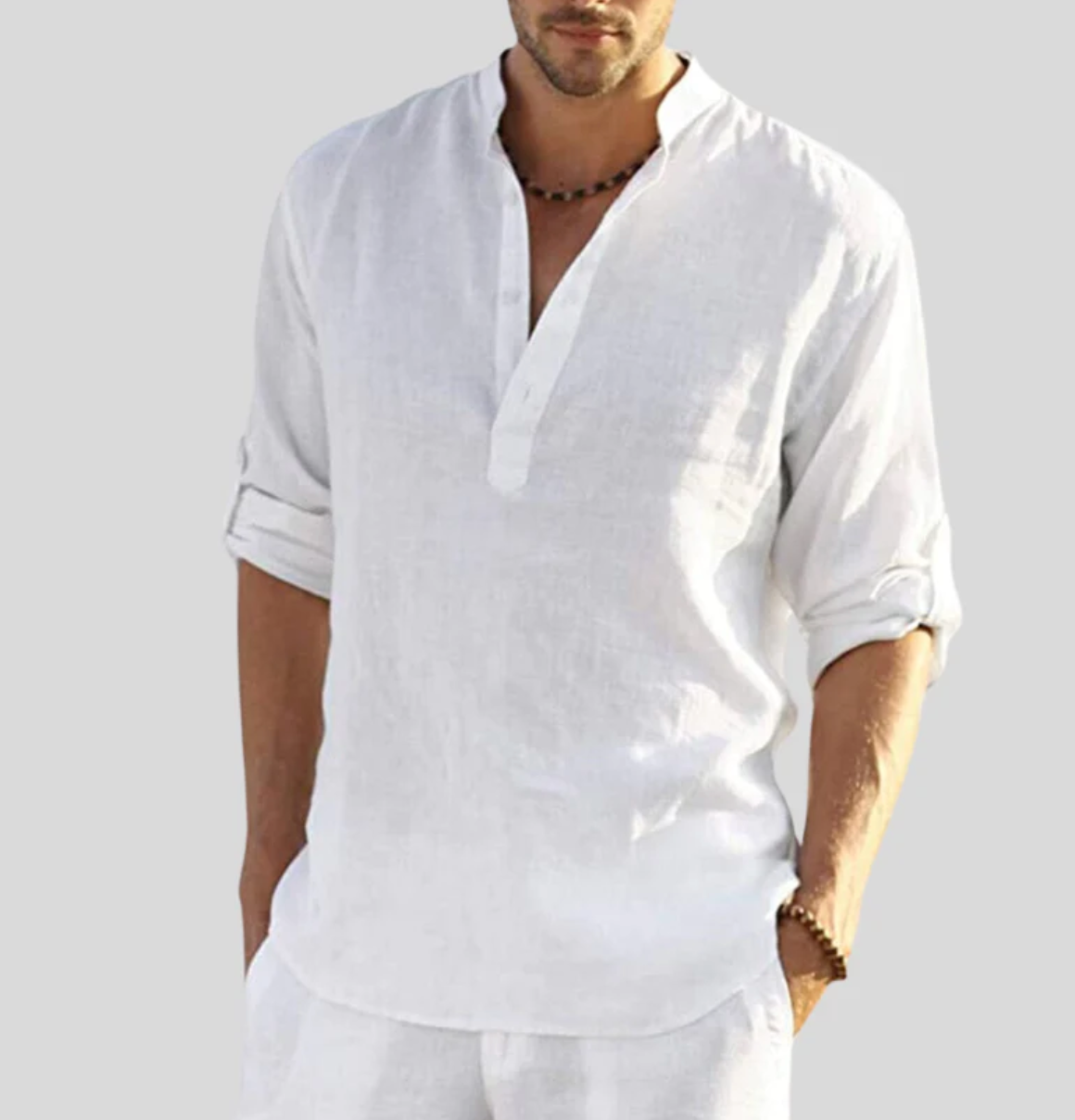 Ansel Men's Linen Shirt - Breathable Summer Shirt with Short Button Strip and Rolled Sleeves