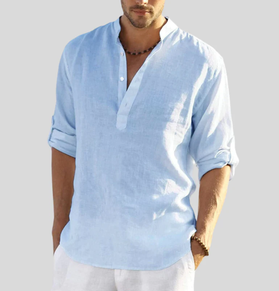 Ansel Men's Linen Shirt - Breathable Summer Shirt with Short Button Strip and Rolled Sleeves