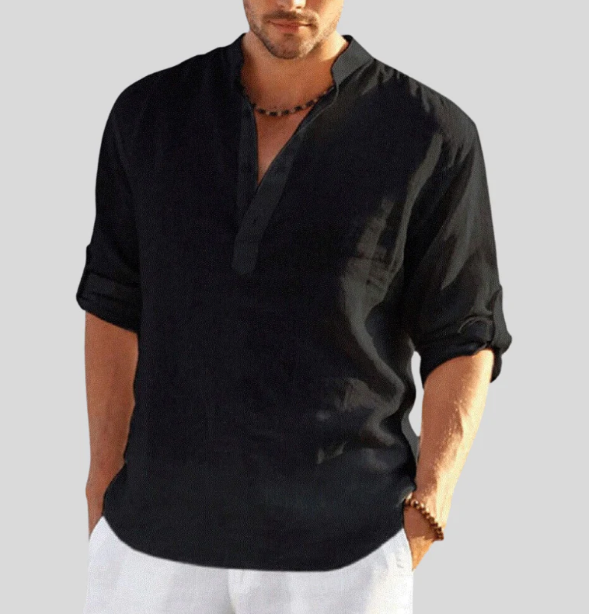 Ansel Men's Linen Shirt - Breathable Summer Shirt with Short Button Strip and Rolled Sleeves