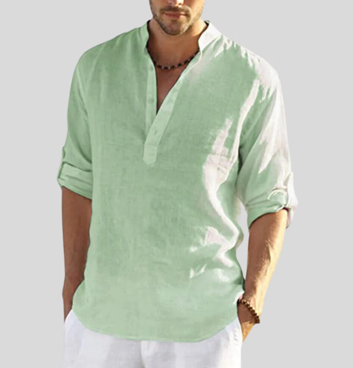 Ansel Men's Linen Shirt - Breathable Summer Shirt with Short Button Strip and Rolled Sleeves