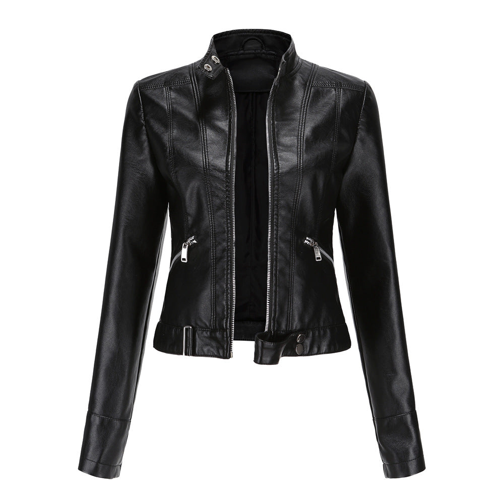 Women's PU leather jacket with zipper, high collar and belt