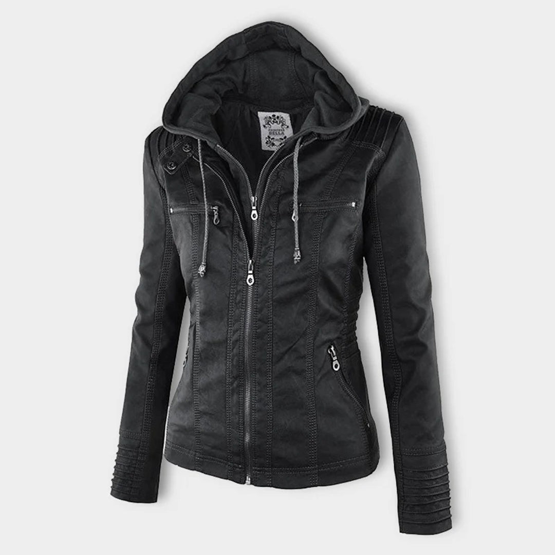 PU leather jacket with hood for women