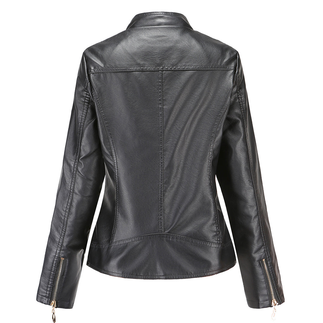 PU leather jacket with stand-up collar for women