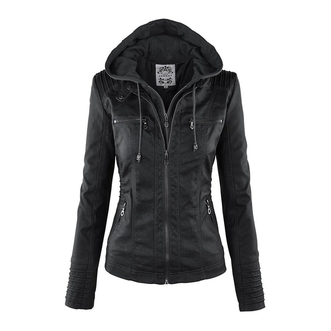 PU leather jacket with hood for women