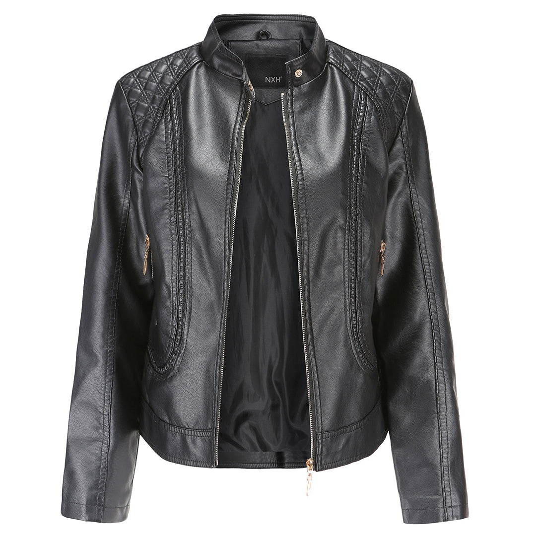 PU leather jacket with stand-up collar for women