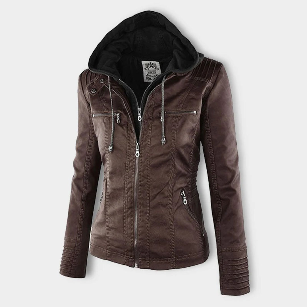 PU leather jacket with hood for women