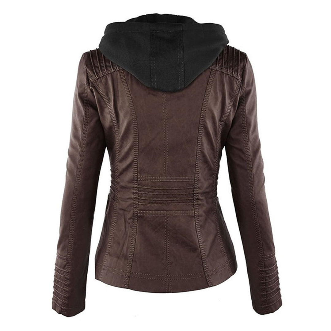 PU leather jacket with hood for women