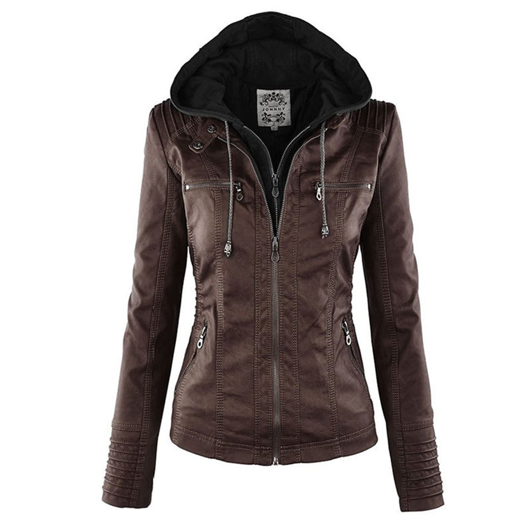 PU leather jacket with hood for women