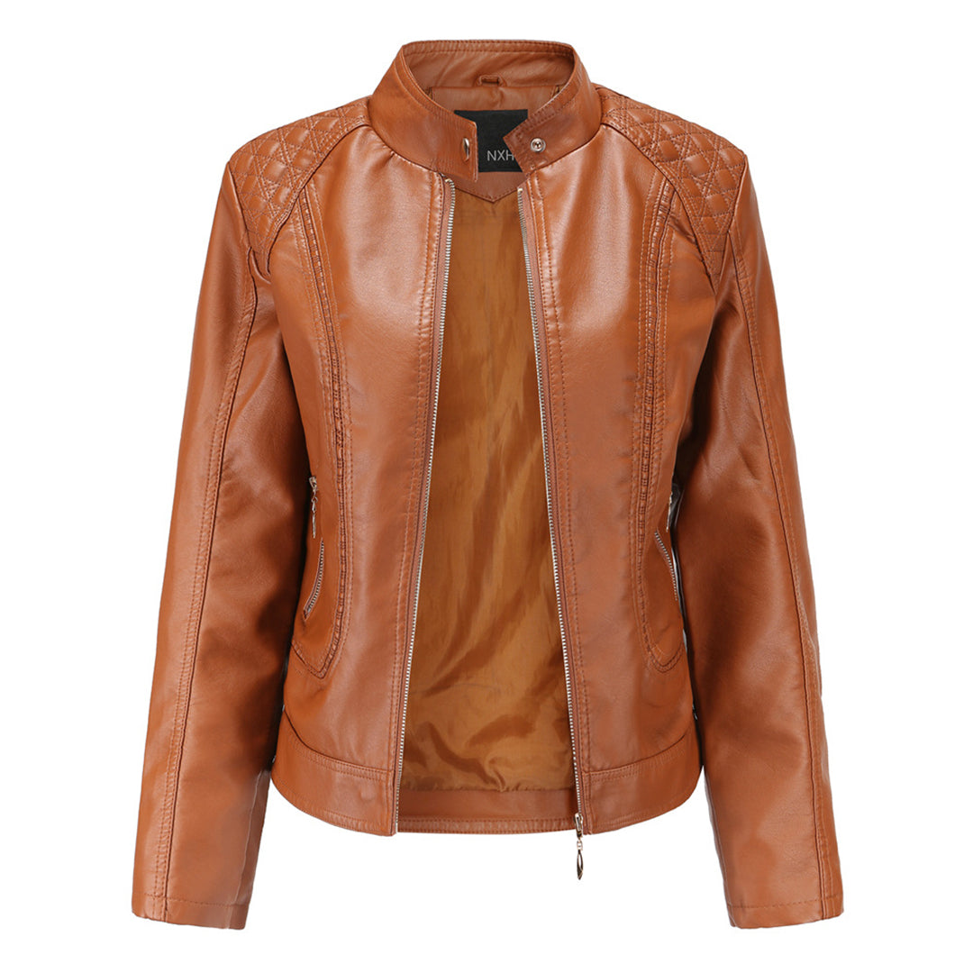 PU leather jacket with stand-up collar for women