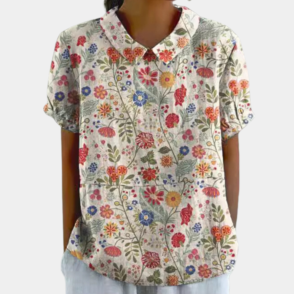 Bruna Women's Blouse - Everyday Blouse with Short Sleeve, Pastoral Floral Pattern and Round Neck
