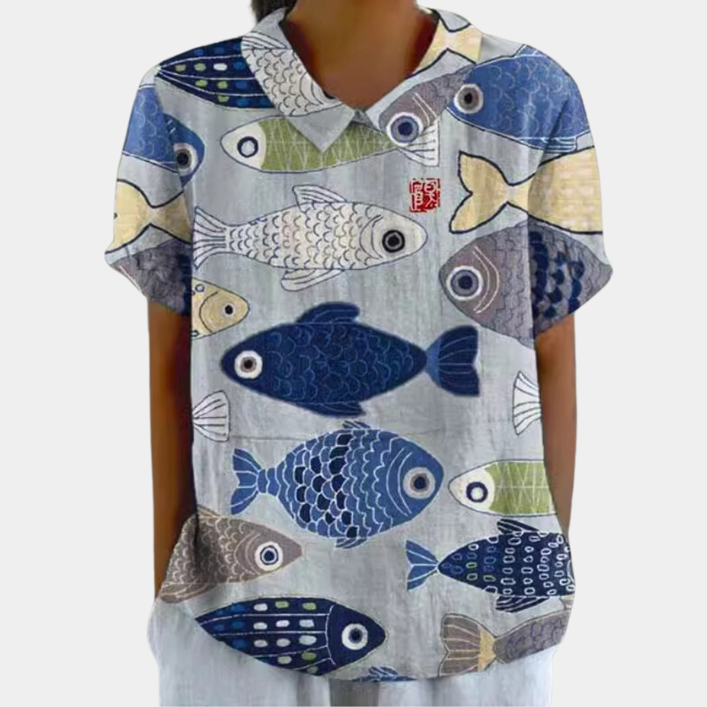 Bruna Women's Blouse - Everyday Blouse with Short Sleeve, Pastoral Floral Pattern and Round Neck