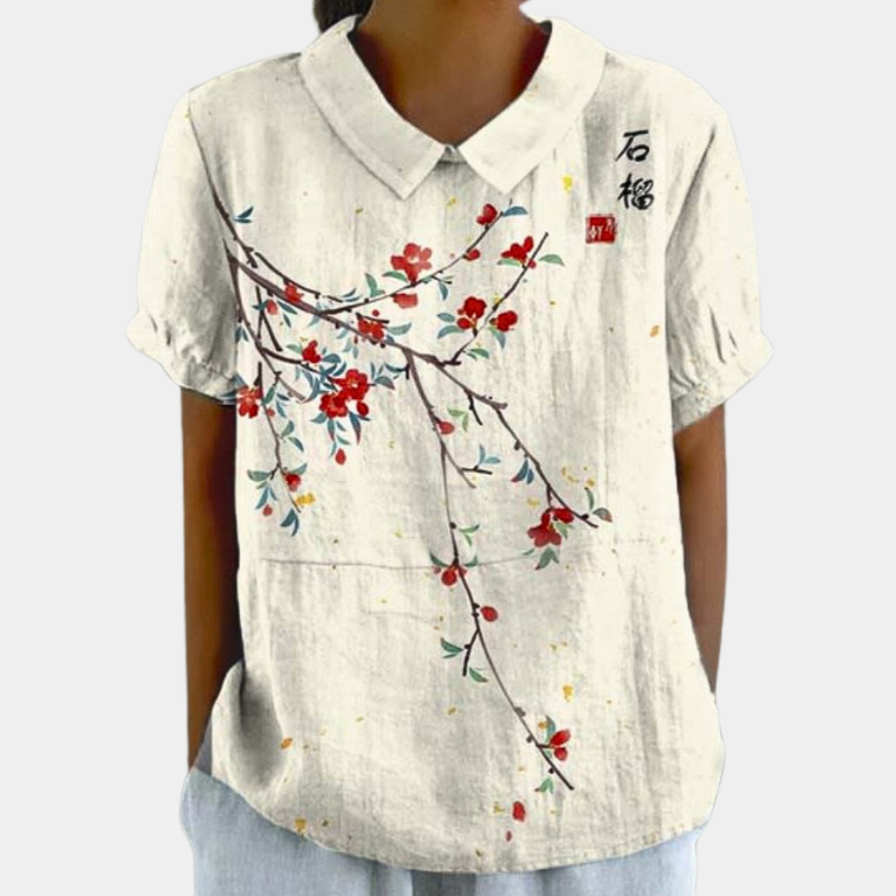 Bruna Women's Blouse - Everyday Blouse with Short Sleeve, Pastoral Floral Pattern and Round Neck