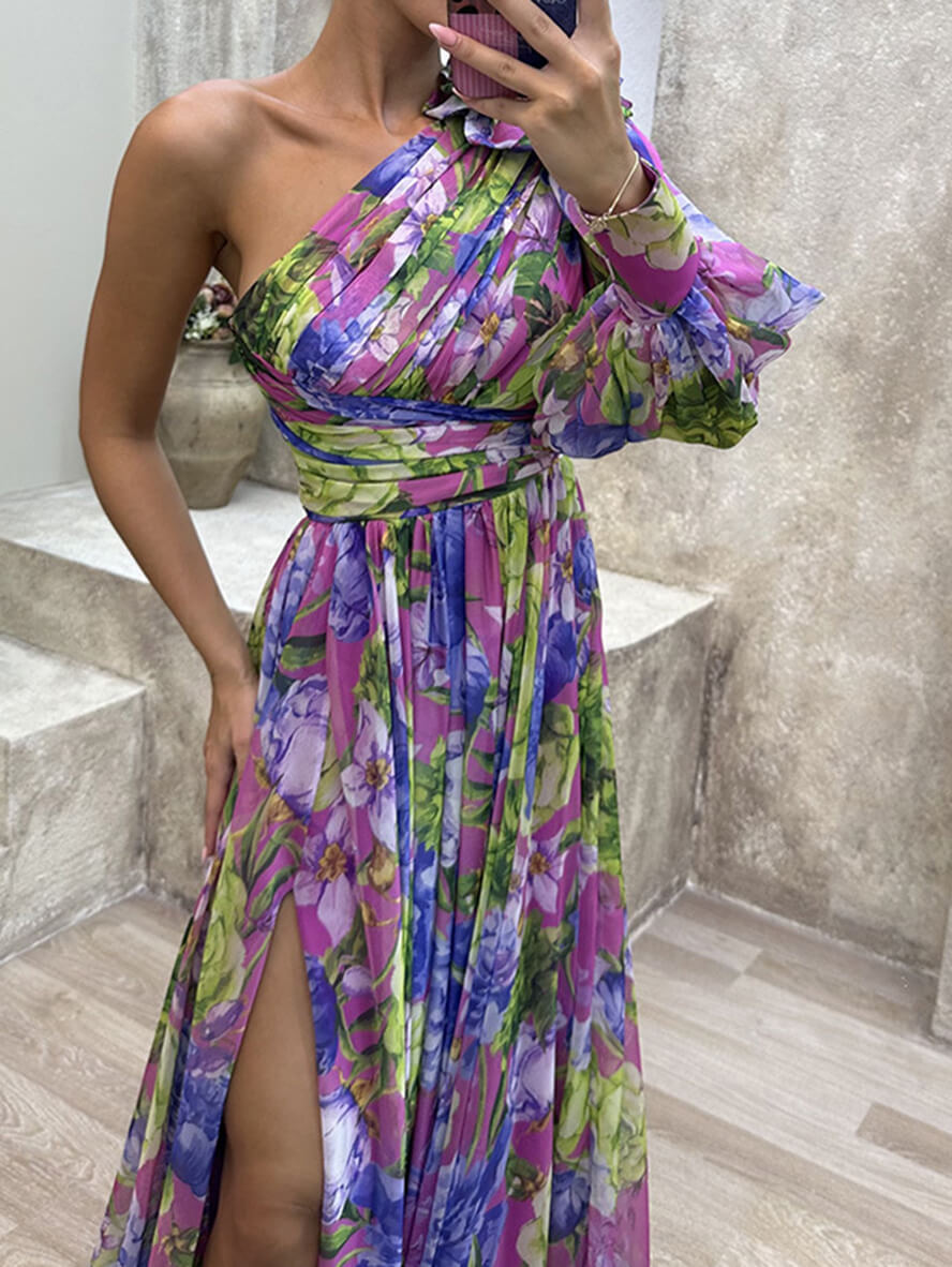 Saniah Women's Evening Dress - Elegant Long Floral Dress with Exposed Shoulder and Slit