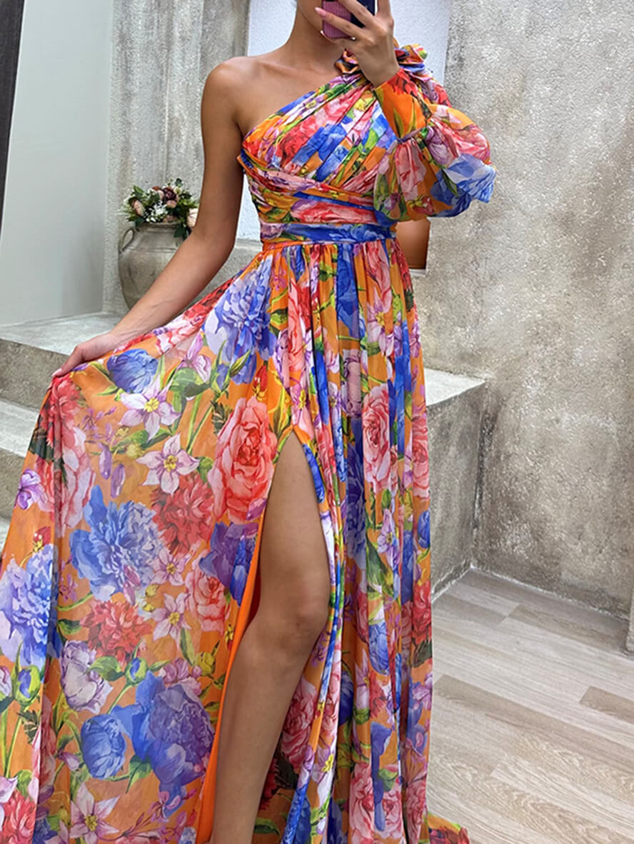 Saniah Women's Evening Dress - Elegant Long Floral Dress with Exposed Shoulder and Slit