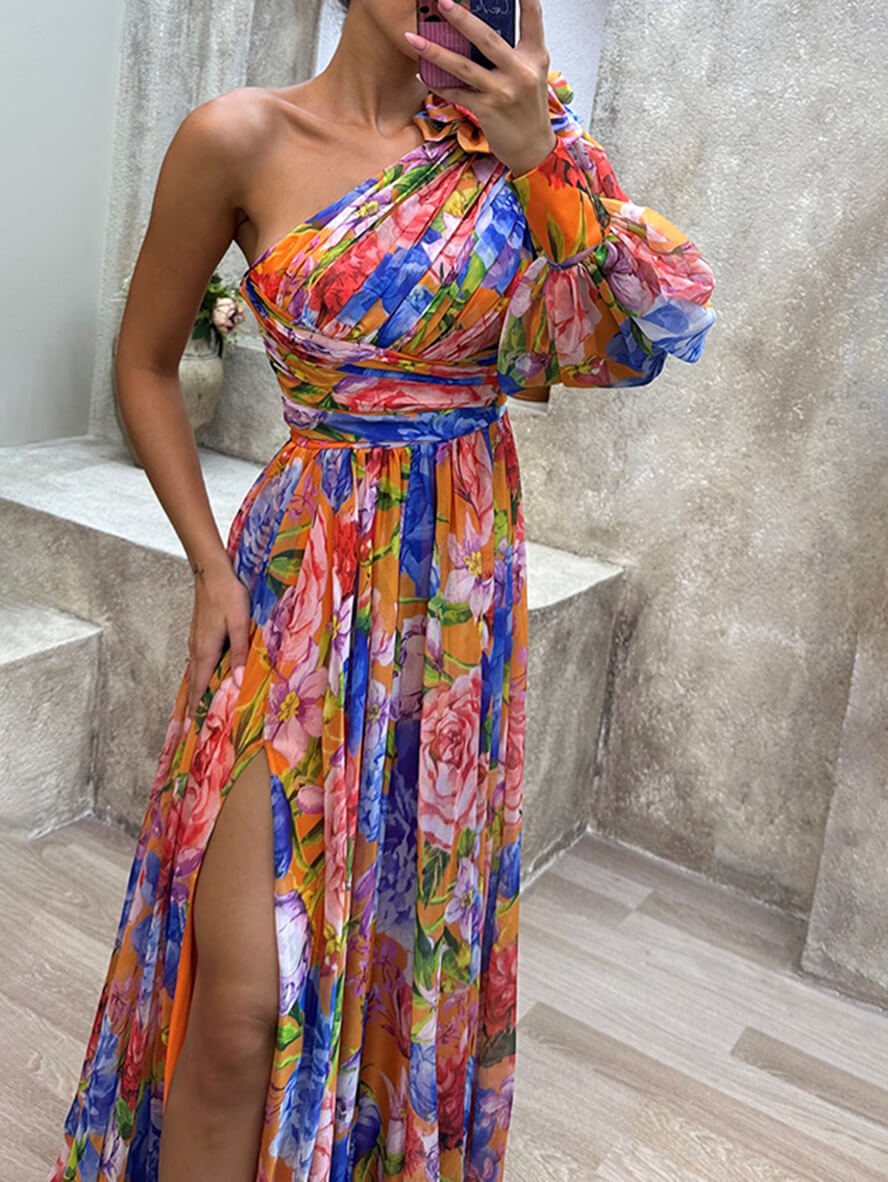 Saniah Women's Evening Dress - Elegant Long Floral Dress with Exposed Shoulder and Slit