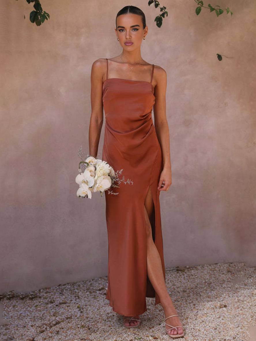 Kira Women's Evening Dress - Elegant Sleeveless Satin Dress with Slit and Thin Straps, Perfect for a Wedding