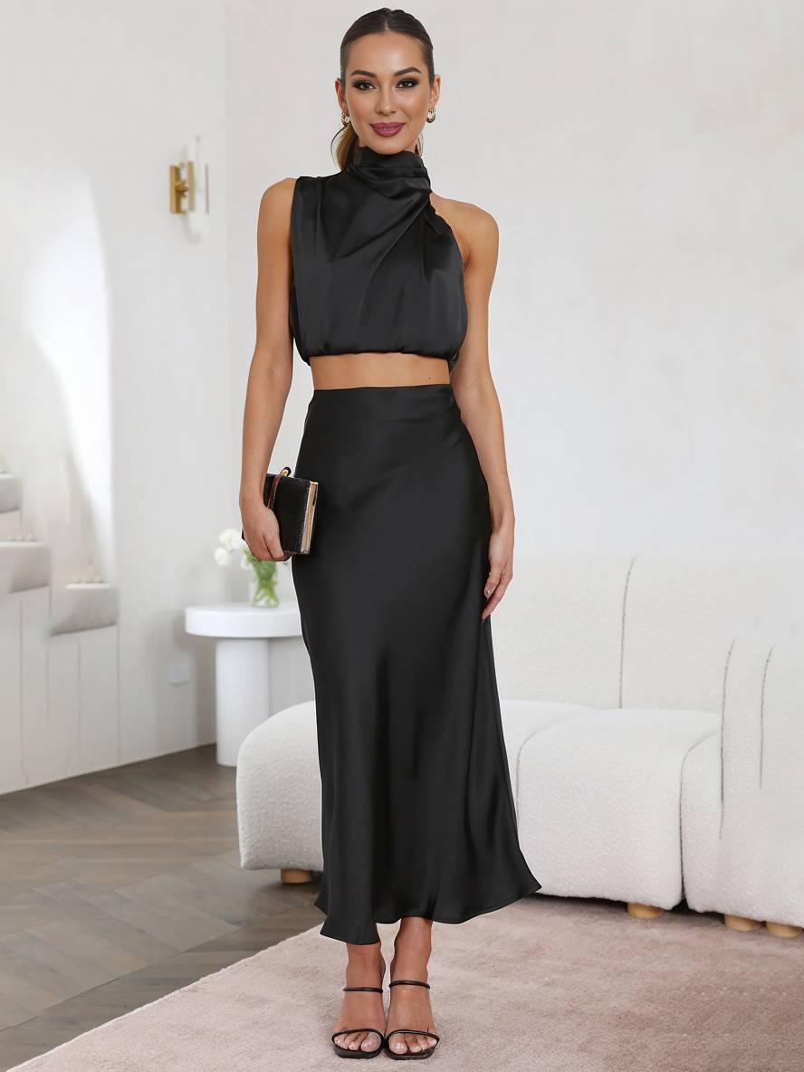 Deserie Women's Evening Dress - Elegant Two-Piece Sleeveless Halter Dress, Perfect for Wedding and Reception