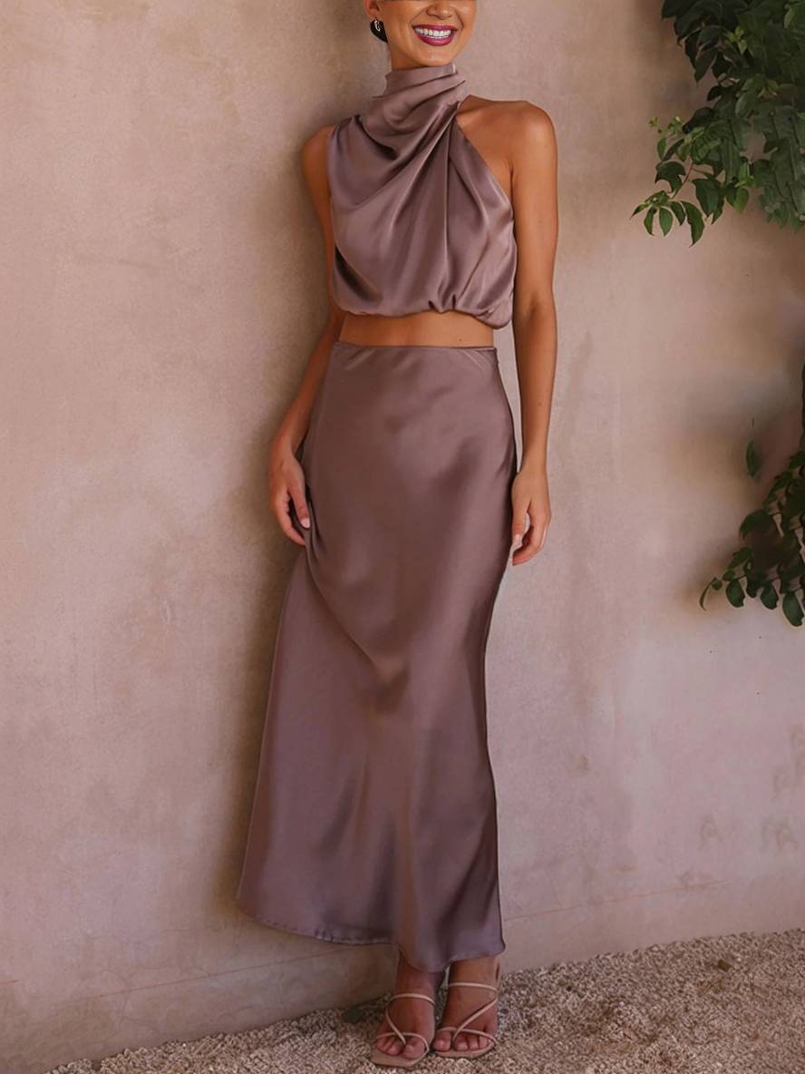 Deserie Women's Evening Dress - Elegant Two-Piece Sleeveless Halter Dress, Perfect for Wedding and Reception