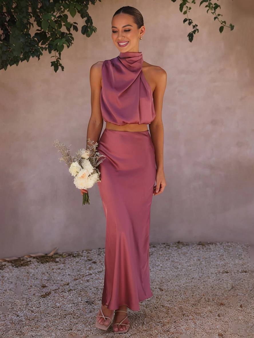 Deserie Women's Evening Dress - Elegant Two-Piece Sleeveless Halter Dress, Perfect for Wedding and Reception