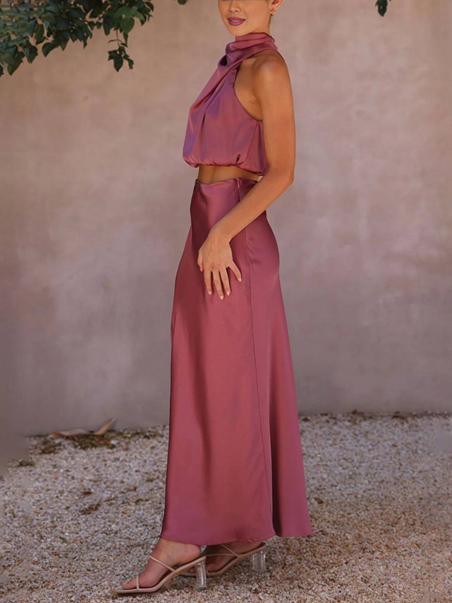 Deserie Women's Evening Dress - Elegant Two-Piece Sleeveless Halter Dress, Perfect for Wedding and Reception