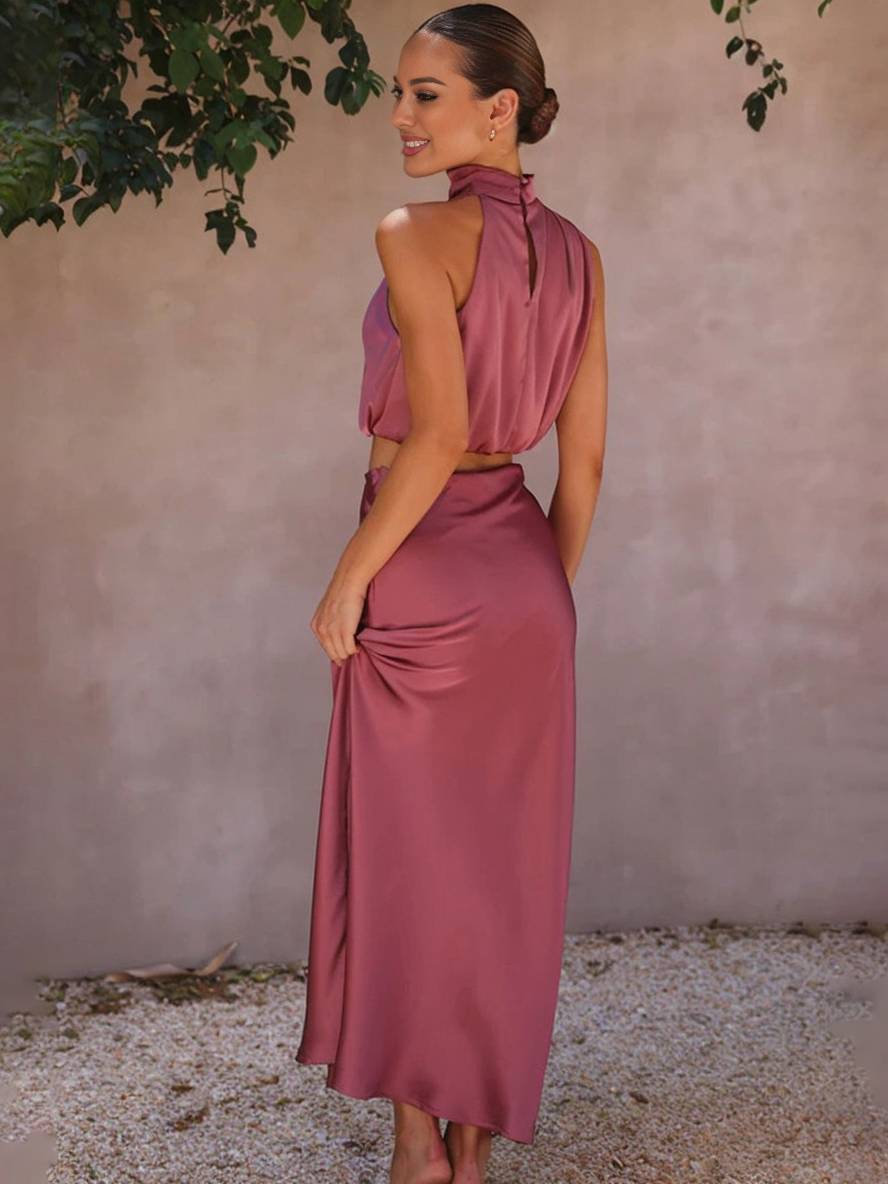 Deserie Women's Evening Dress - Elegant Two-Piece Sleeveless Halter Dress, Perfect for Wedding and Reception