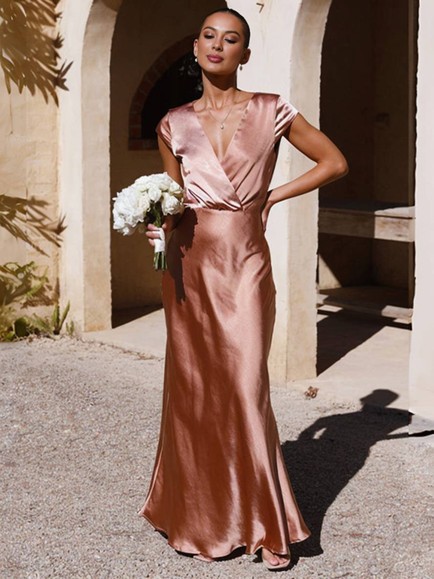 Samantha Women's Evening Dress - Sleeveless Satin Mermaid Dress with Neckline and Elegant Sleeves
